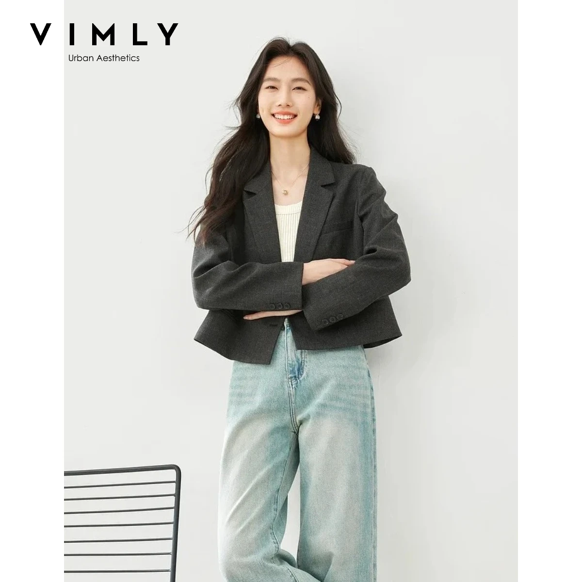 

VIMLY Women Cropped Blazer Jacket 2026 Autumn Solid Elegant Office Business Tailored Coats Notched Collar Female Outerwear M513