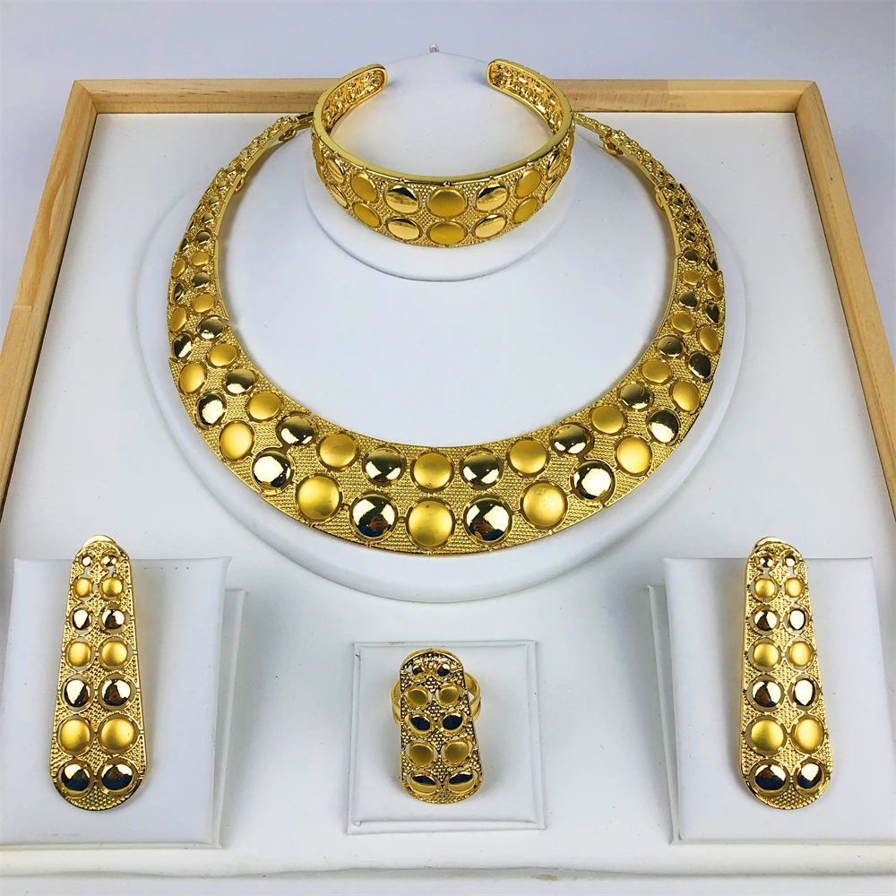 

STAR Africal Gold Color Big Jewelry Gifts Two Tone Choker Necklace Wide Bracelet Square Earring Rings For Women Wedding Gifts