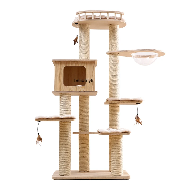 Large Solid Wood Cat Climbing Frame Luxury Wooden Cat Climber Integrated Cat Villa Sisal Column