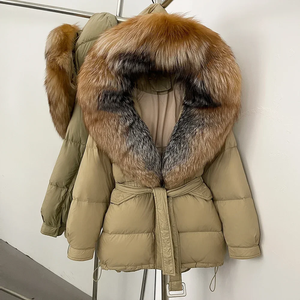 Large Fox Fur Collar Hooded Duck Down Coat Warm Women Winter Reality Fur Jacket 2025 Thick Parkas Outwear Female Puffer Jacket
