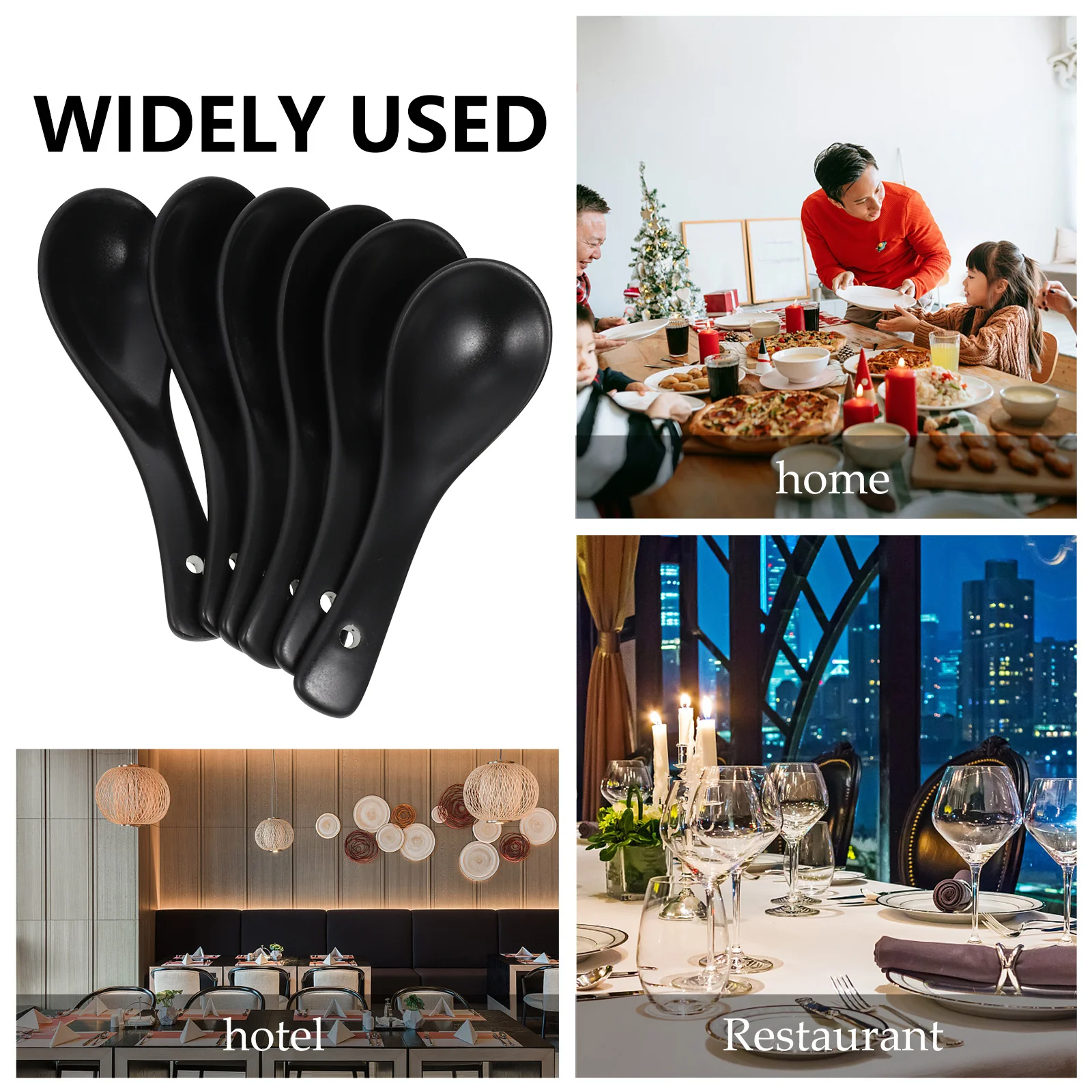 

6Pcs Black Ceramic Soup Spoons Practical Rice Eating Spoons Smooth Edges Multipurpose Kitchen Tableware Household Restaurant