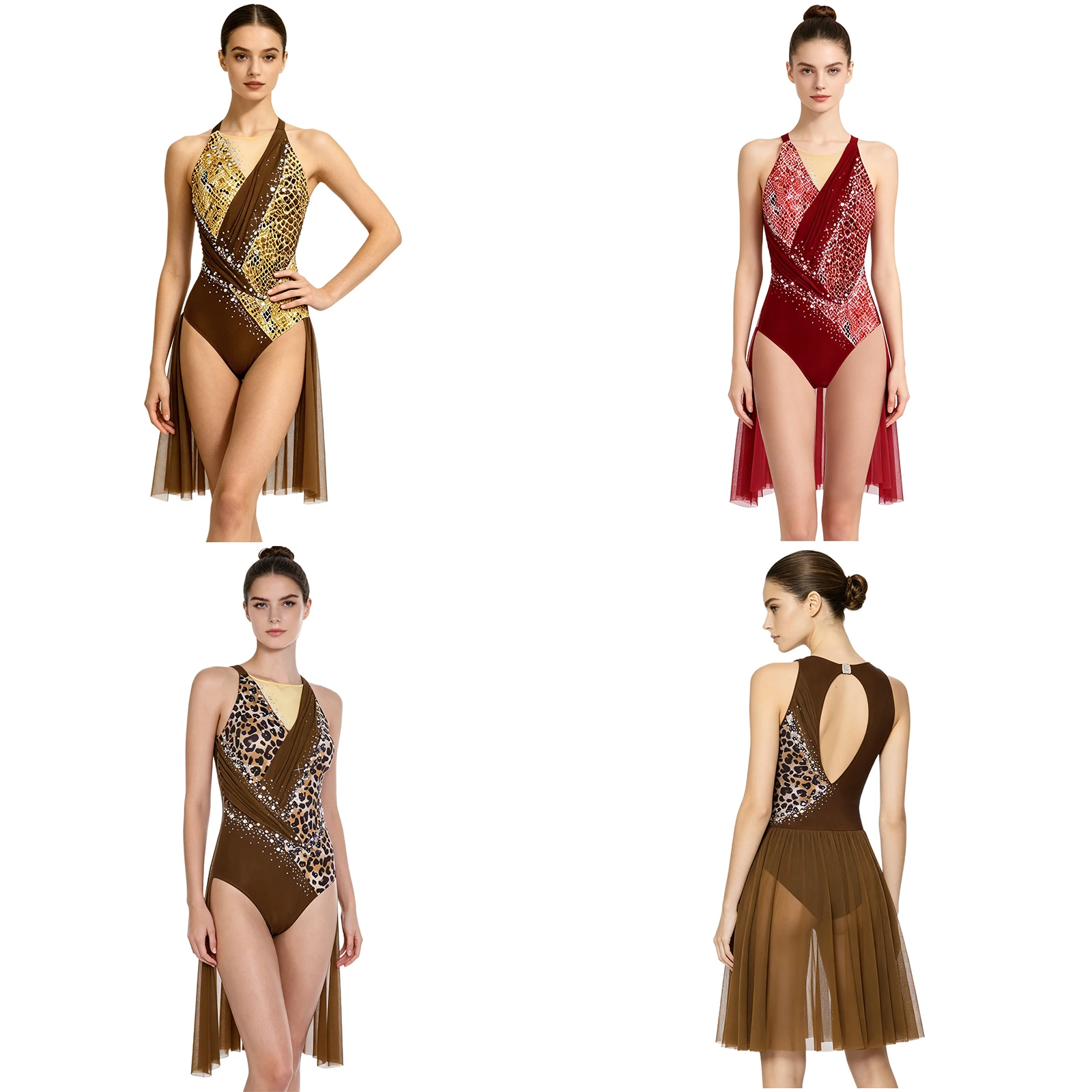Women Samba Rumba Dance Leotard Mesh Skirt Rhinestone Decor Sleeveless Backless Ruched Bodysuit Sparkly Stretchy for Latin Dance
