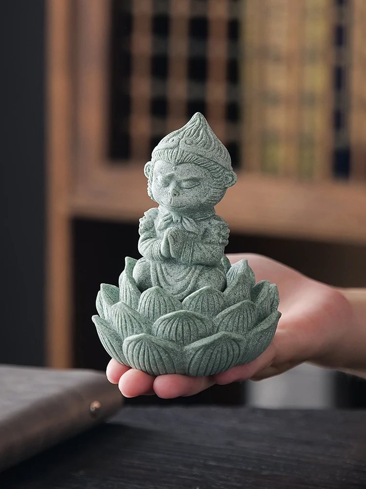 Lotus Monkey King Sun Wukong Tea Pets,Green Sandstone, Gongfu Tea Accessories,Fish Tank Landscaping,Zen Home Decoration