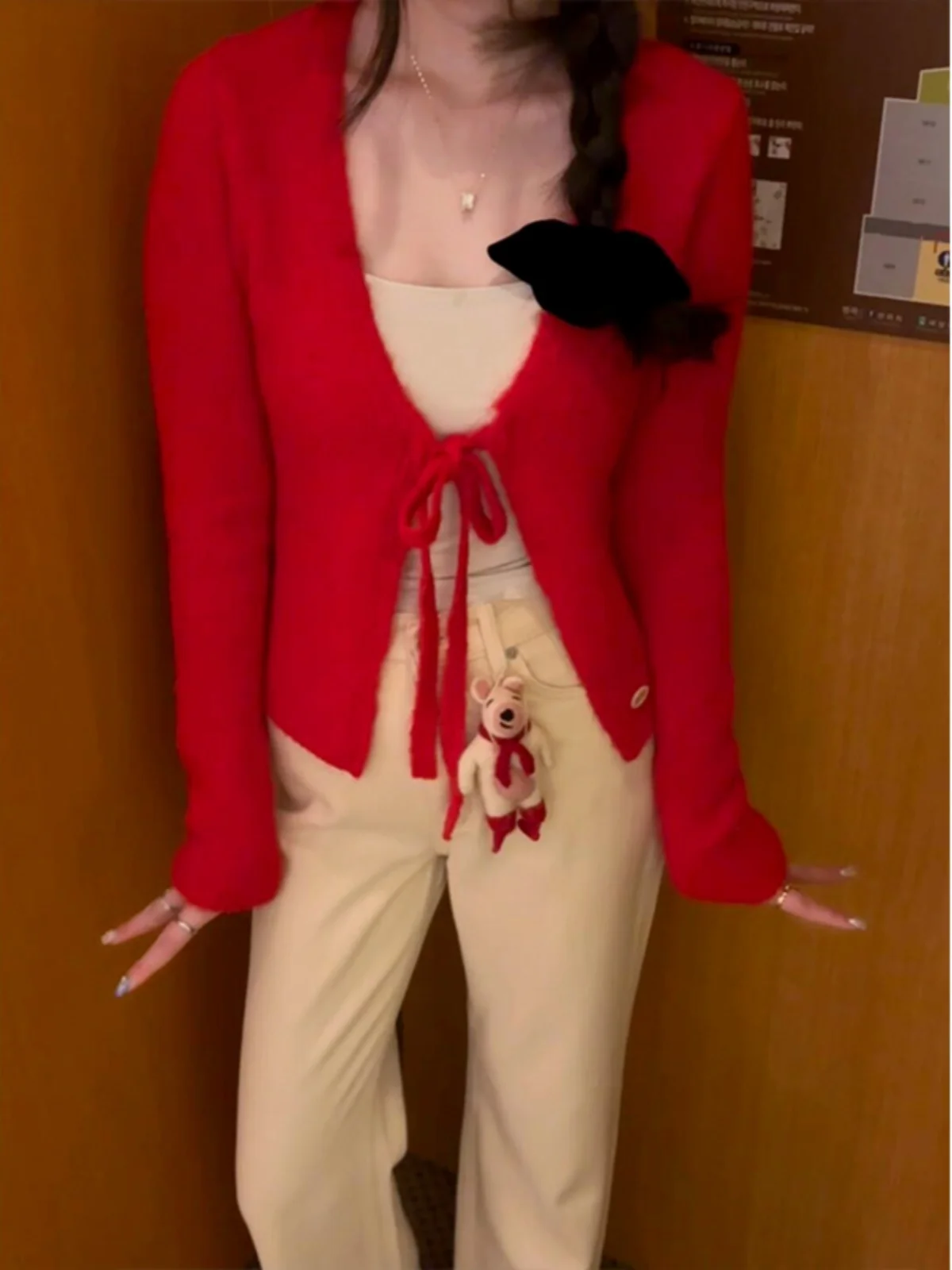 

Red Knitted Sweater Coat Women's Spring Autumn New Sle Korean System Belt V-ne Knitted Open Cardigan Faionable High-end...