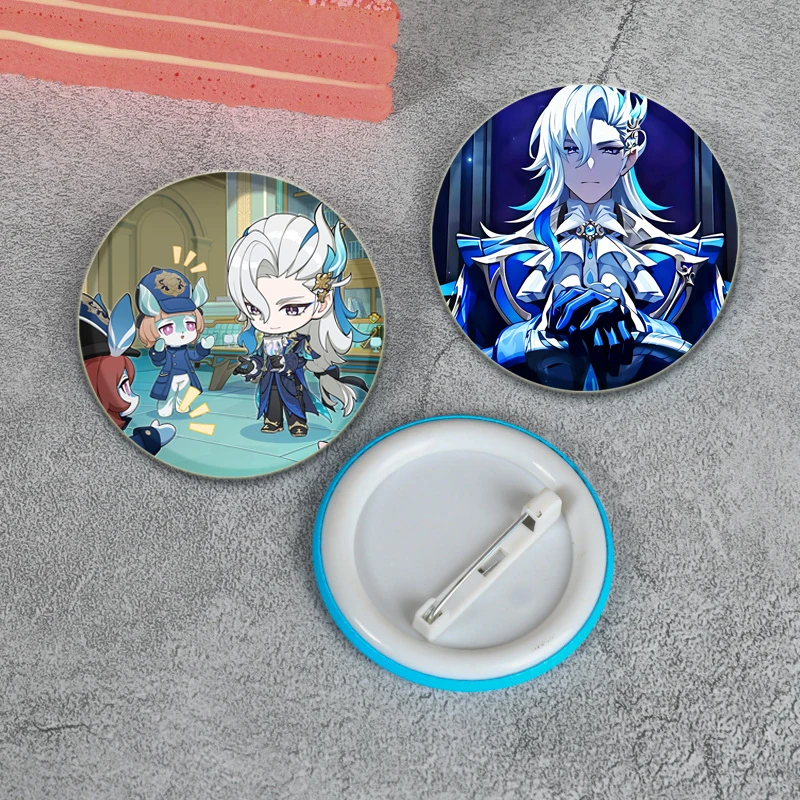 Anime Cartoon Character Neuvillette Round Snap-in Button Pins Badges Cosplay Handmade Tinplate Brooch Decorative Clothes Gifts