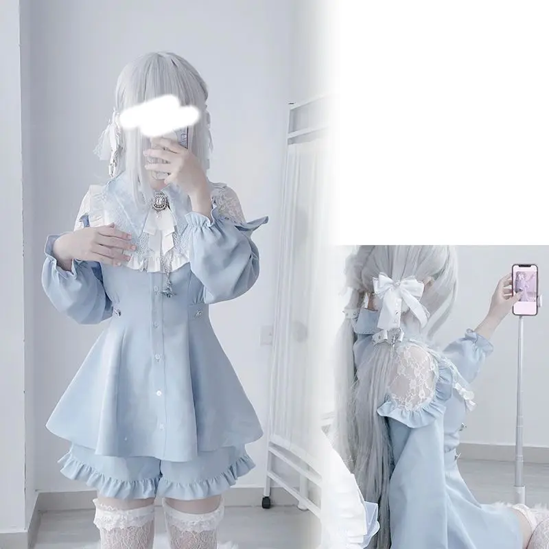 NONSAR Japanese Gothic Rhinestone Bow Dress Shorts Set Women Lace Off Shoulder Long Sleeve Slim Shirt Dresses Lolita Y2k Outfits