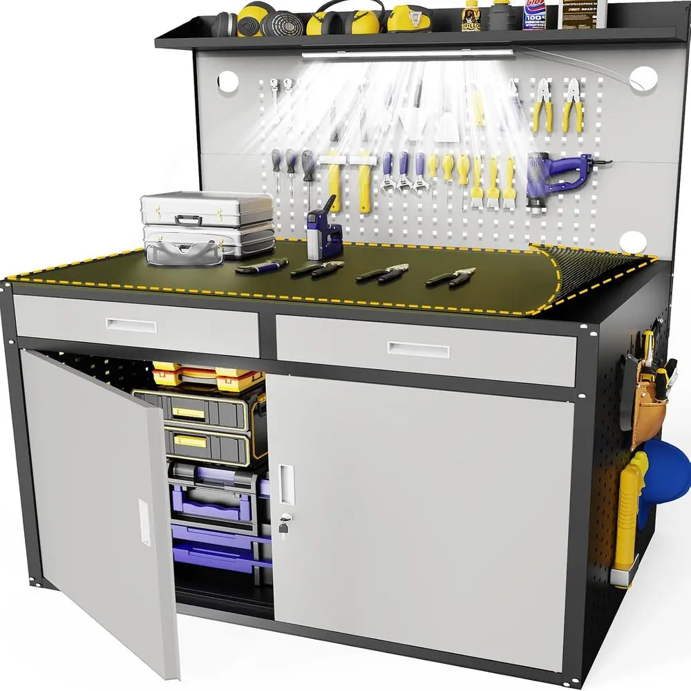 

Усиленный верстак грузоподъемностью 2200 фунтов с ящиками, местом для хранения, подсветкой и перфорированной панелью для использования в гараже