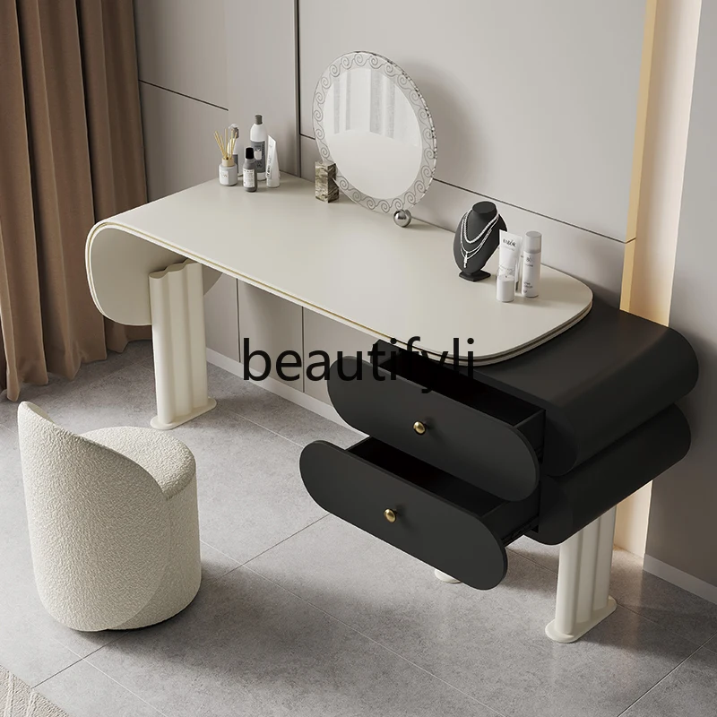 Cream wind minimalist light luxury dresser saddle leather bedroom storage cabinet, modern makeup desk chest integrated