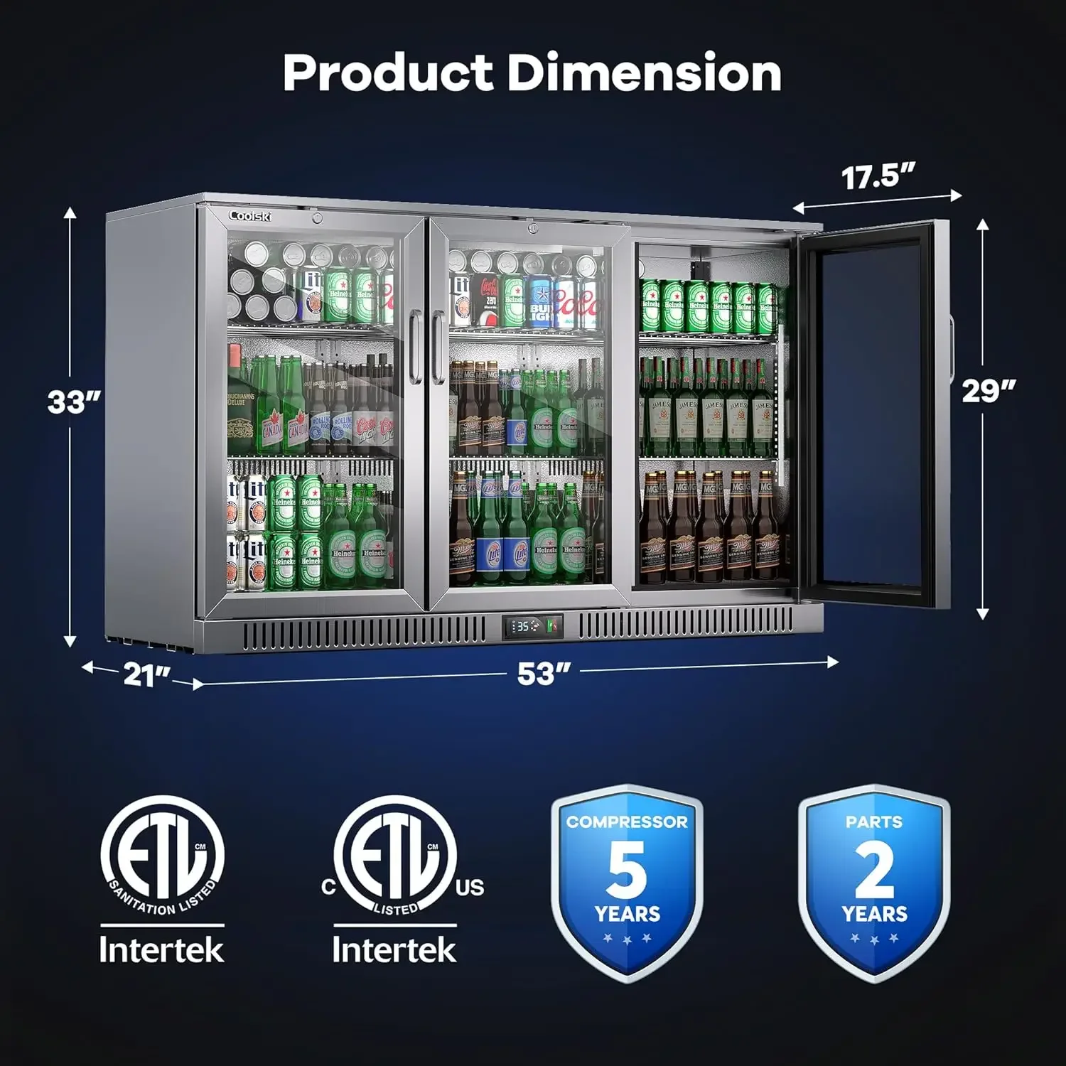 Refrigerator with 3 Doors, Commercial Back Bar Cooler for Beer Soda Wine, Counter Height Undercounter Display Fridge for Bar/Hom