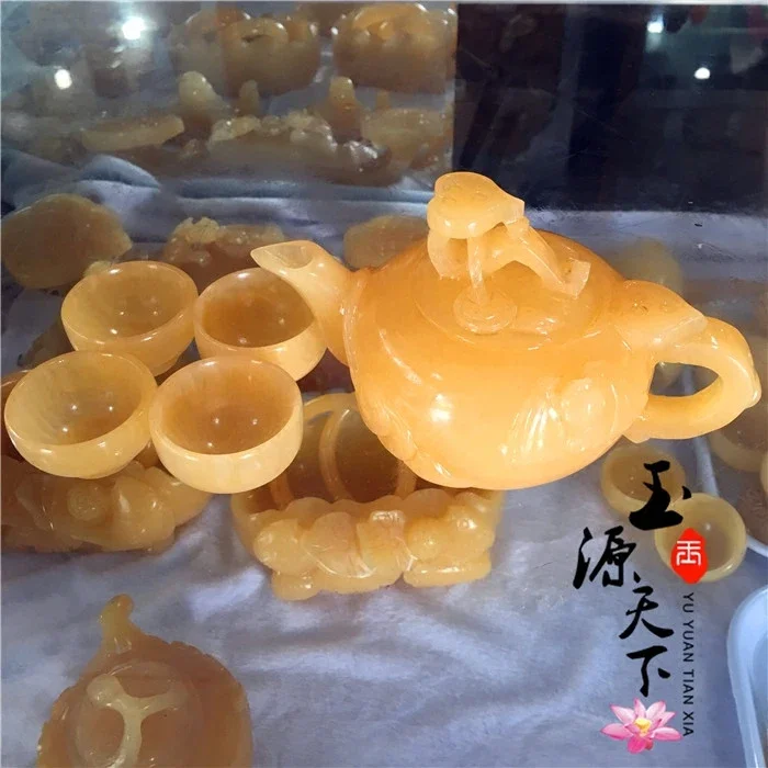 Authentic natural yellow jade tea set, large size Ruyi jade wine set, tea pot set, ornament, Kung Fu jade tea cup, wine cup