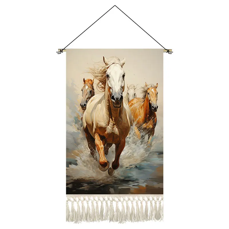 

Galloping Horse Oil Painting Tapestry Wall Hanging Decor - Fabric Art with Fringe for Bedroom, Hotel & BnB, House Decoration