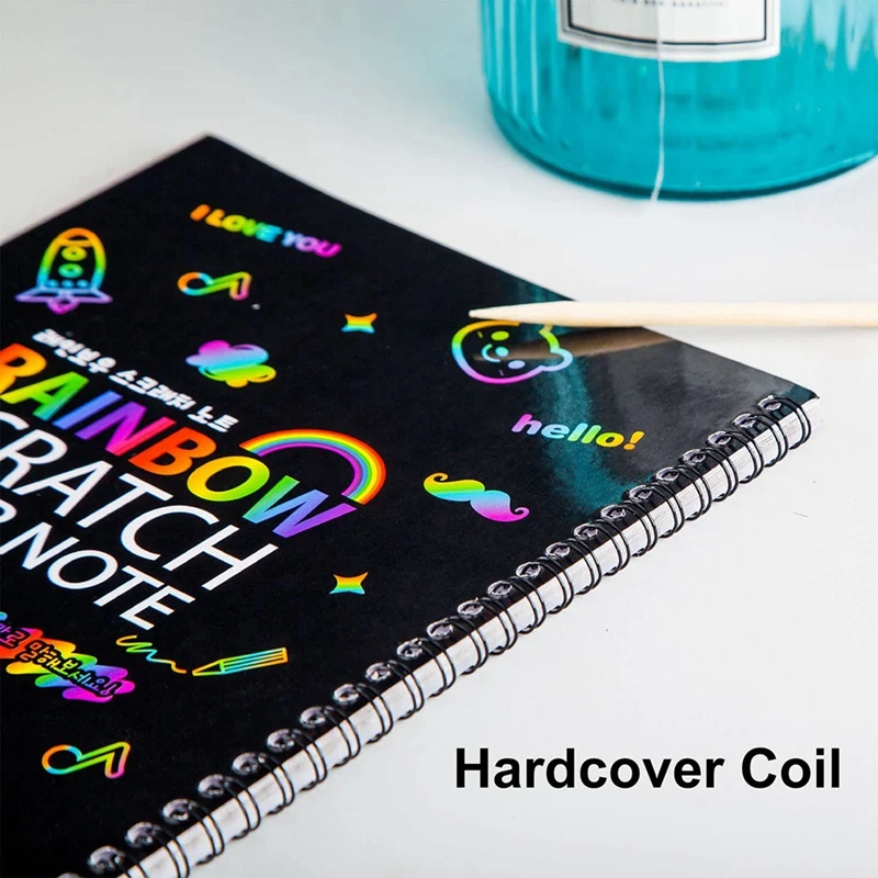 2PCS Scratch Paper Notebook Black DIY Rainbow Art Paper Card Neon Scratch Book With Wood Stick