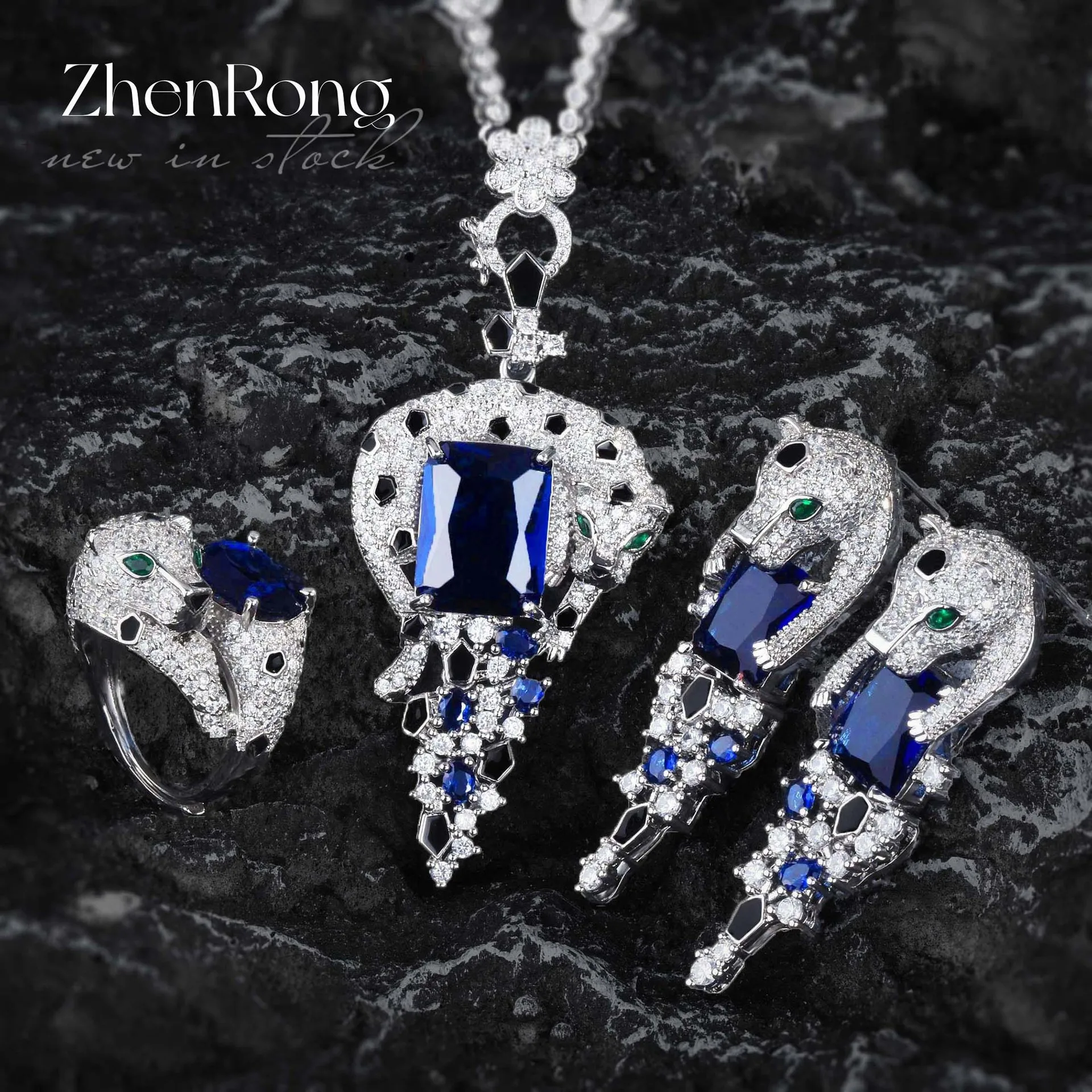 Foydjew Luxury Simulation Royal Blue Sapphires Leopard Jewelry Sets For Women Wedding Pendant Necklaces Stud Earrings Rings