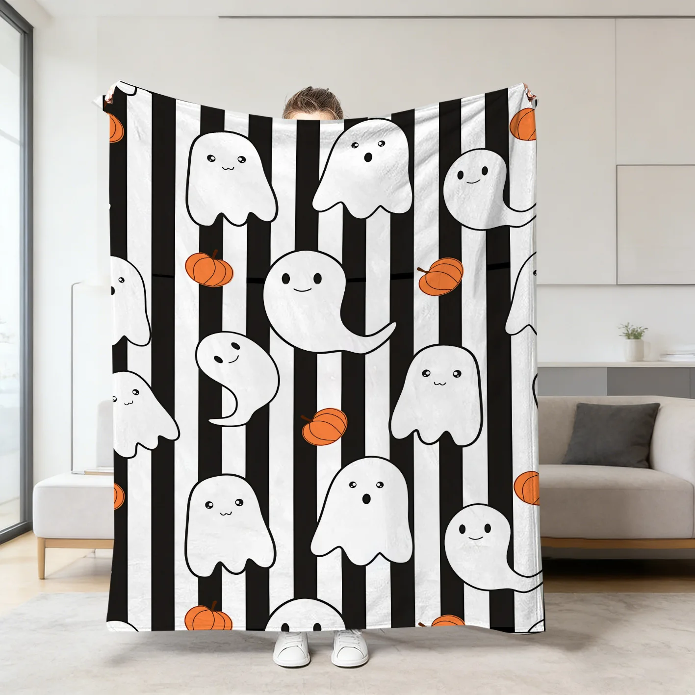 Black White Stripe Ghost Pumpkin Cute Fleece Blanket For Halloween Decor Soft Warm Throw Blanket Gift