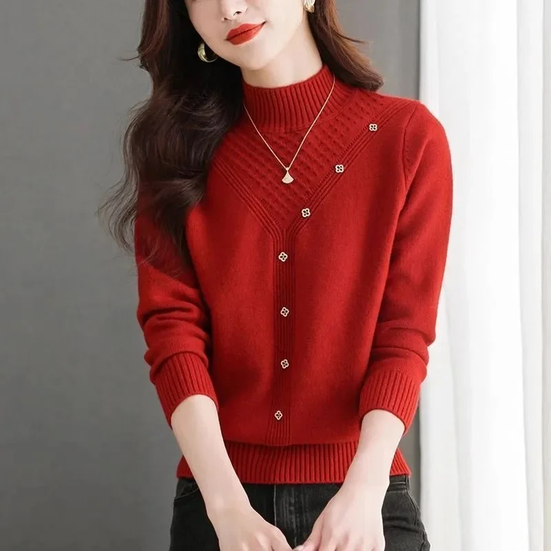 Semi-Turtle Neck Sweater Women Coat Autumn Winter New Pullover Design Soft Glutinous Knitwear Bottoming Shirt Fashion Top Female