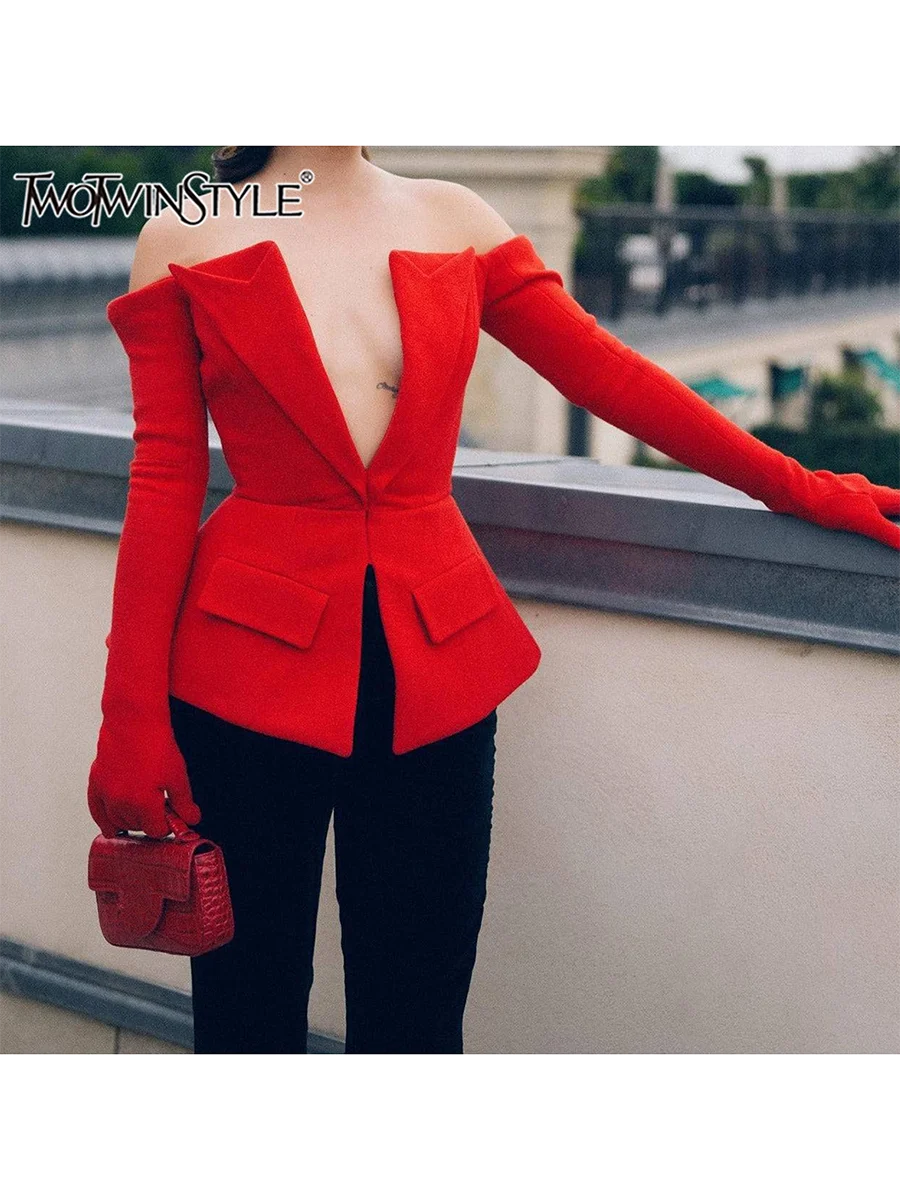 TWOTWINSTYLE Solid Designer Slim Blazers For Women Slash Neck Long Sleeve Off Shoulder Temperament Coats Female Fashion Style