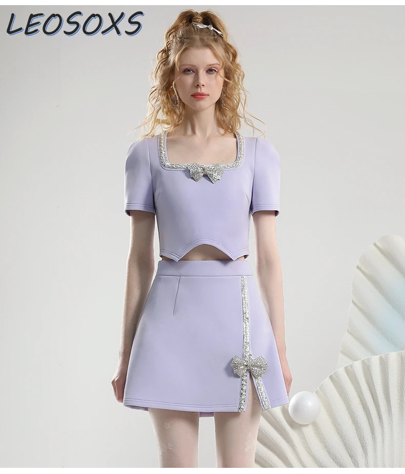 

Girly Temperamental Purple Suit 2024 Summer Heavy Industry Drill Chain Bow Short Sleeve Two-Piece Overskirt Set Skirt Sets