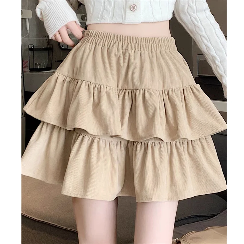 Gowyimmes New Spring Autumn Slim Women High Waist Corduroy Skirt Fashion Lady  Party A-line Cake Skirts Hip Pakadge Mini PD1756