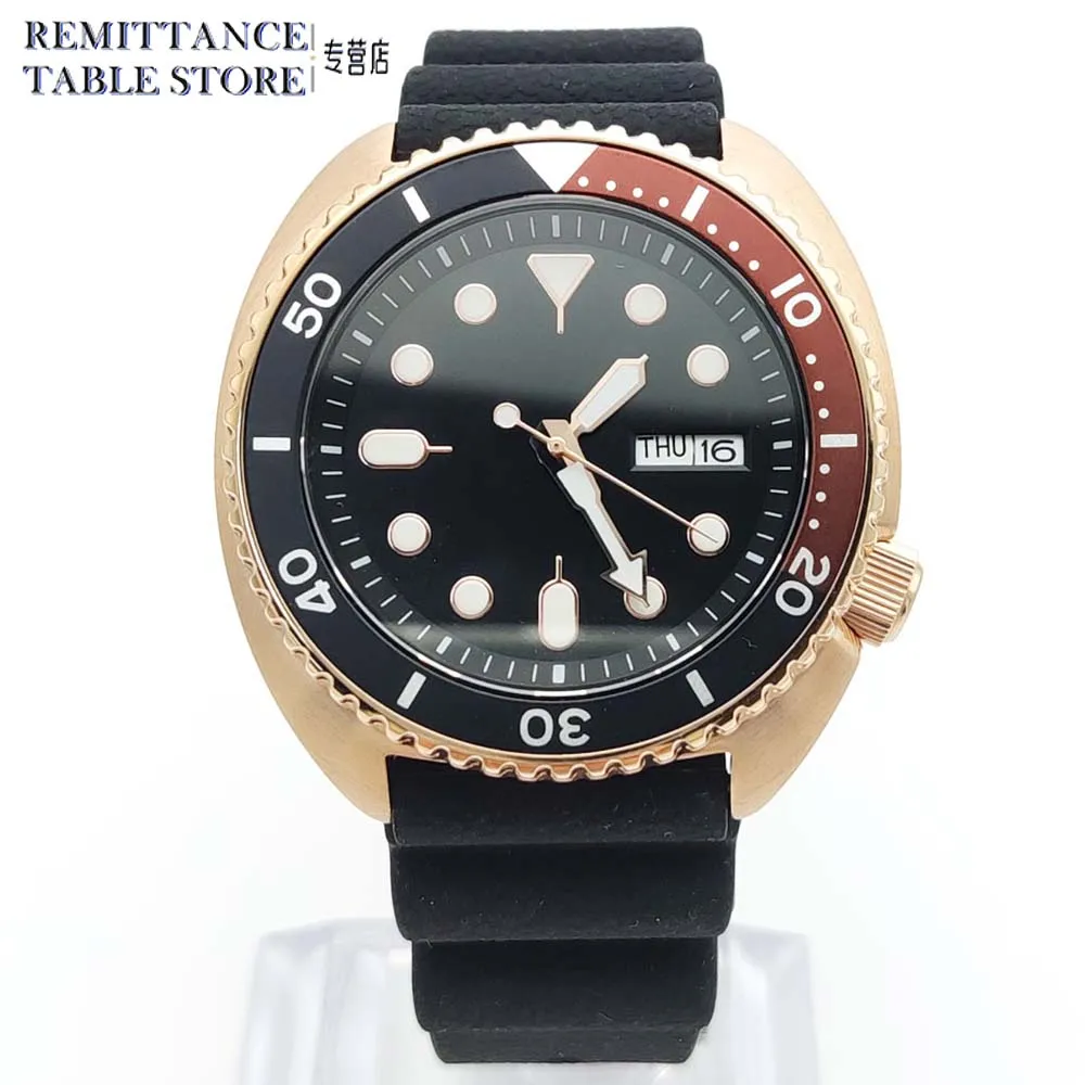 Luxo masculino negócios relógio de ouro rosa, caixa 45mm com pulseira de borracha, mostrador preto estéril, luminoso verde, impermeável