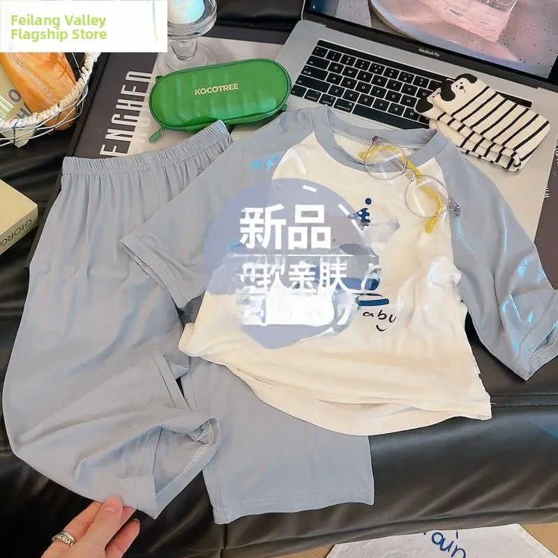 

Летний комплект для мальчиков: футболка с мультяшным принтом и брюки 7/8, повседневная базовая рубашка с круглым вырезом, дышащая, с длинным рукавом, из хлопка и полиэстера