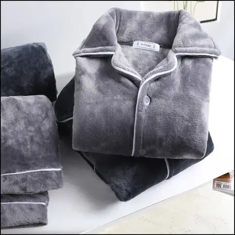 Męski komplet piżamy z polaru koralowego, długi rękaw, gruby flanelowy strój domowy, jesienno-zimowy, ciepły, luźny krój, zestaw do spania.