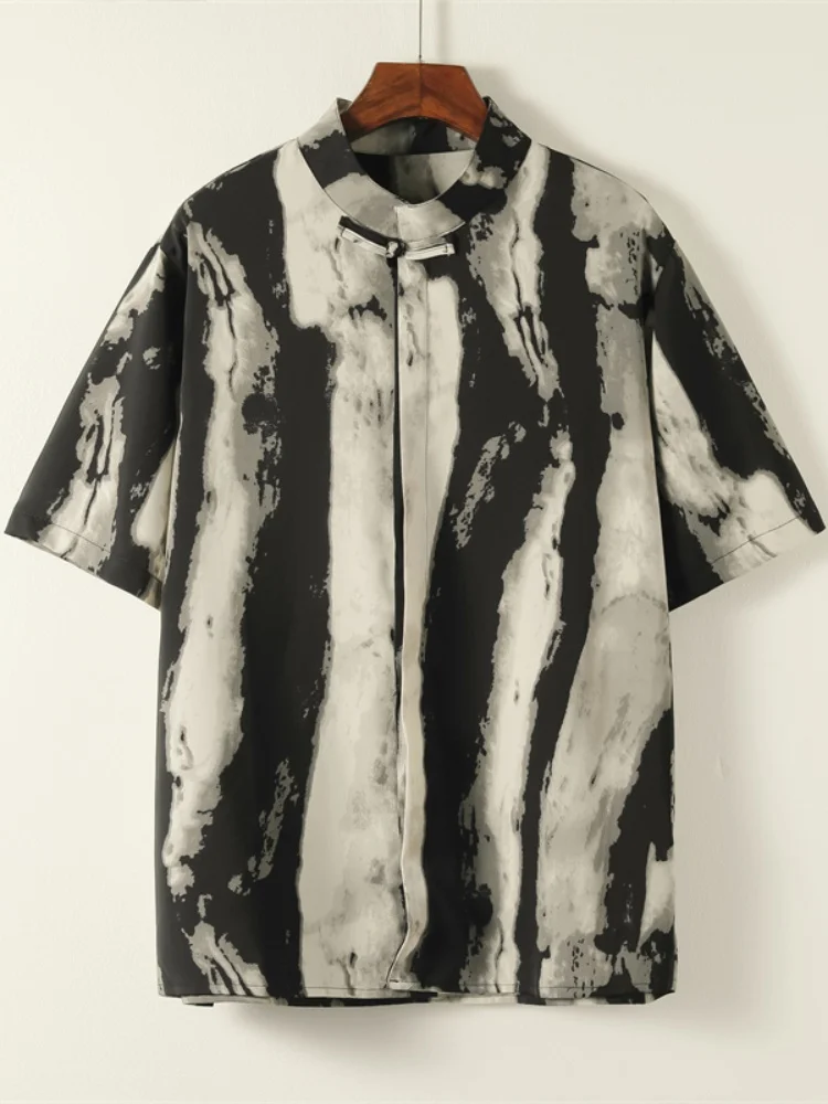 

Washed Dyed Ice Silk Men's Shirt Summer Thin Vintage Tang Costume New Chinese Style Fashionable Hanfu Loose Fit Short Sleeve