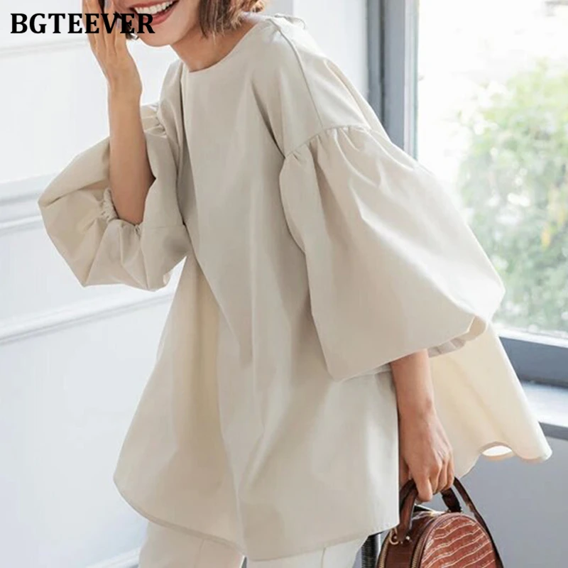 

BGTEEVER Vintage Puff Sleeve Female Solid Shirts Tops Spring Summer O-neck Lace-up Casual Loose Women Pullovers Blouses Shirts