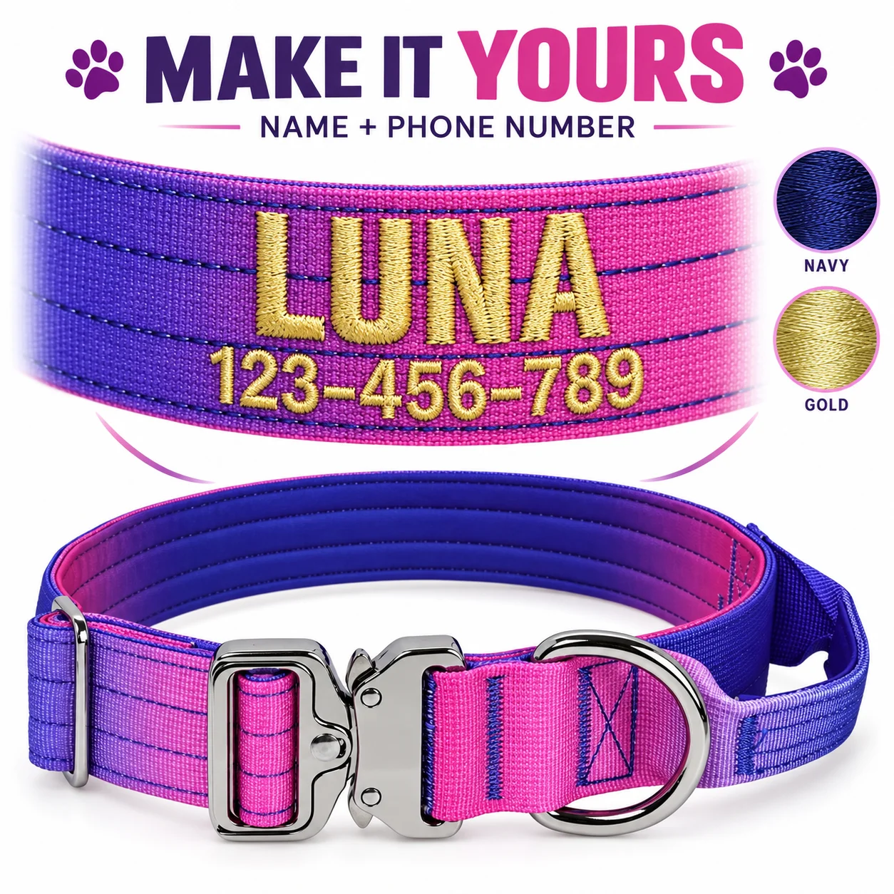 Personalized embroidery dog collargradual change thickened wide collarmetal quick release buckle, D-ring, explosion-proof punch