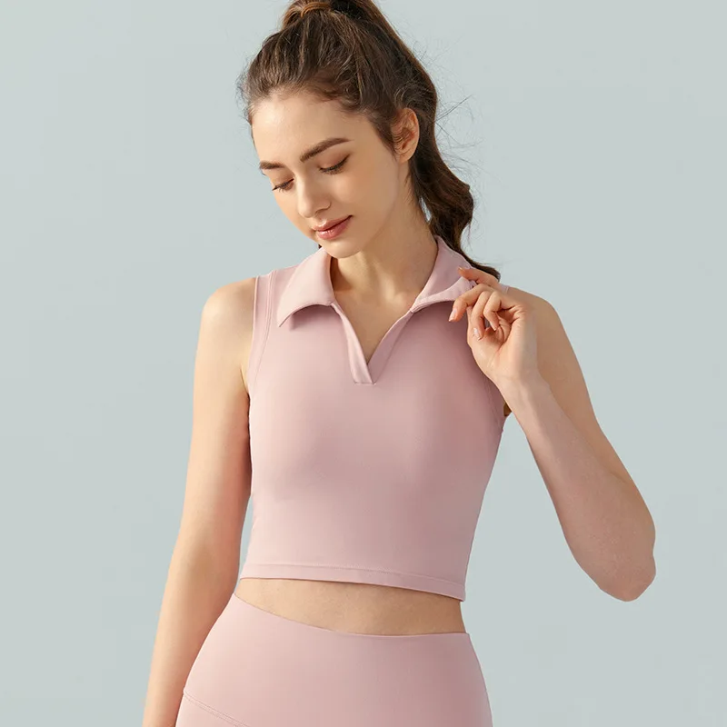 INLUMINE Lapel Sleeveless Yoga Vest With Chest Pad Bottoming Sports Short Sleeve T-Shirt Beautiful Back Gym Clothing For Women