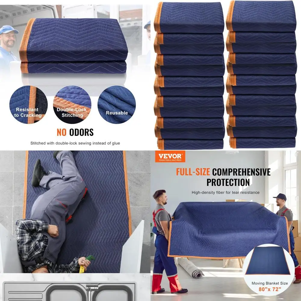 

Heavy-Duty 80x72 65 lbs/dz Non-Woven & Recycled Cotton Moving Blankets, 12 Packs, Blue/Orange