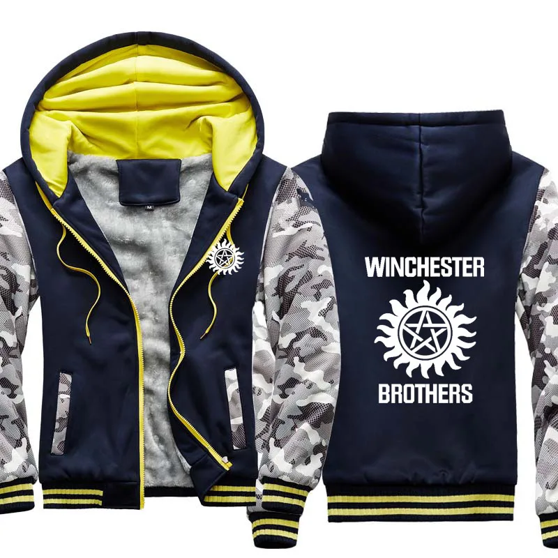 

Winter Men's Jacket Winchester Brothers Logo Print Cotton Fleece Wool Warm Zipper Hoodie Camouflage Thicken Mens Coat Sweatshirt