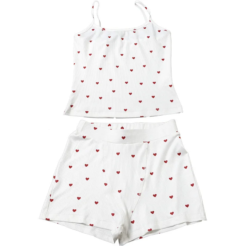 Set 2 Pieces Ribbed Printed Bizarre Cat Heart for Women, Casual Simple Tank Top + Slim Short, Daily Fashion, Extendable Basics