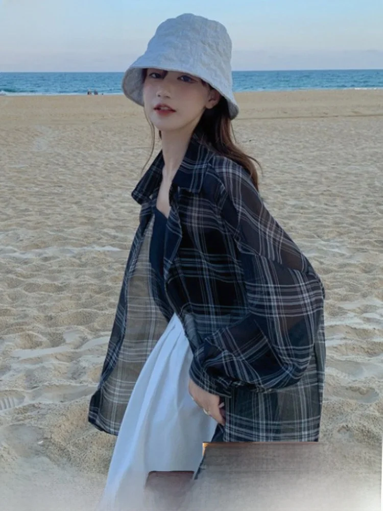 Summer Lightweight Ice Silk Plaid Shirt Jacket Women's Loose Shoulder Shaped Cover up Open Cardigan Casual Style Regular Fit