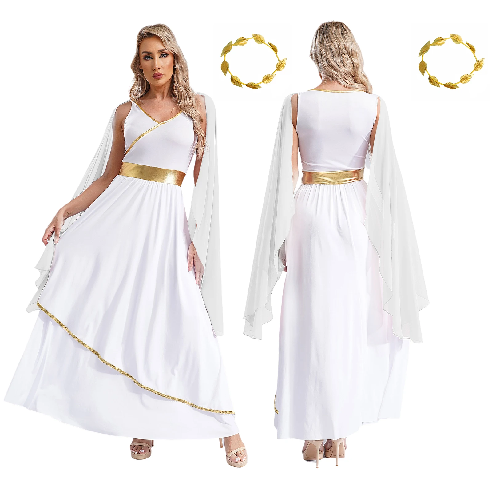 Women Ancient Greek Roman Athena Goddesses Queen Cosplay Dress Church Worship Gown Cape Toga with Headwear for Halloween Party