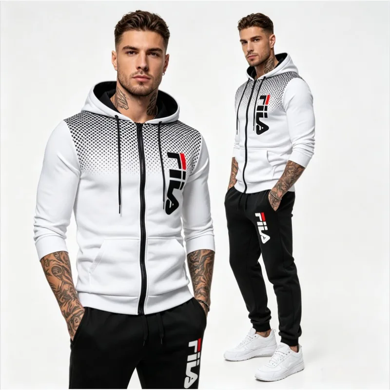 

Men Spring Autumn Gradient Dot Zip Up Casual Hoodie 2 Pieces Tracksuit Elastic Waist Jogger Pants Loose Daily Sport Streetwear