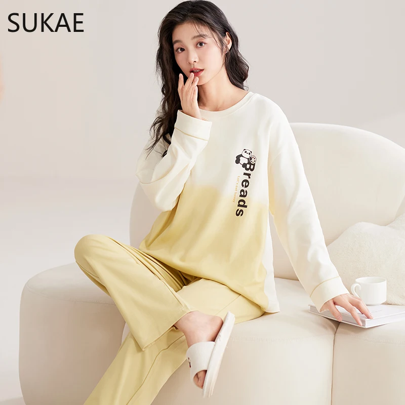 SUKAE Women Pajamas Set Panda Series Cartoon Long Sleeves Sleepwear for Girl Autumn Spring Soft Faux Cotton Nightwear Leisure Pj