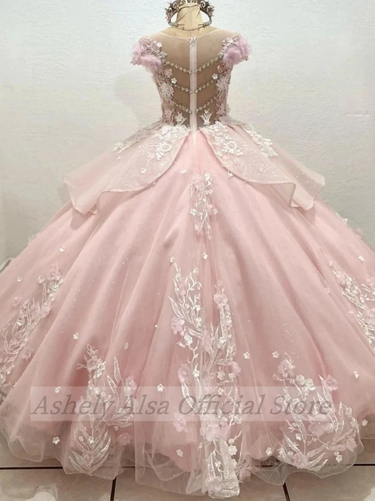 Customized Nude Pink Princess Girl Quinceanera Dresses Beading Hollow Back Floral Vestido De 15 Anos Prom Birthday Party Gown