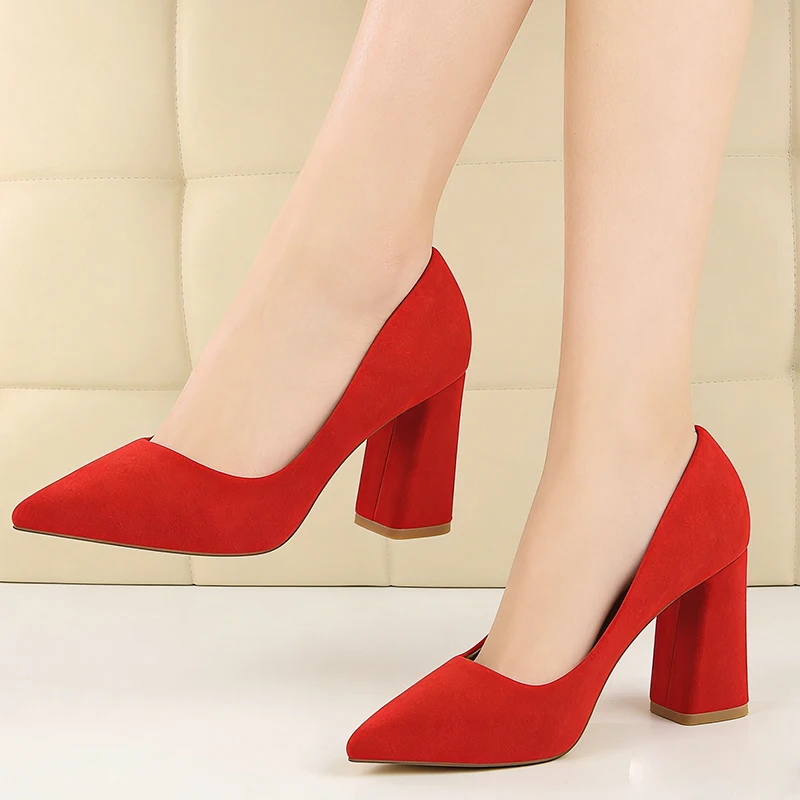 

Summer Women Shallow Mouth Pointed Toe Pumps Elegant Sweet Wedding Block Square Middle Heels Flock Suede Single Shoes