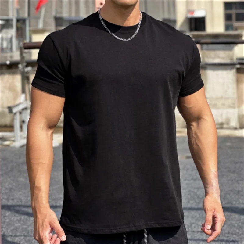 Męska koszulka na siłownię Odzież treningowa 100% bawełna Elastyczna, oddychająca koszulka w jednolitym kolorze Casual Big Muscle Short Sleeve