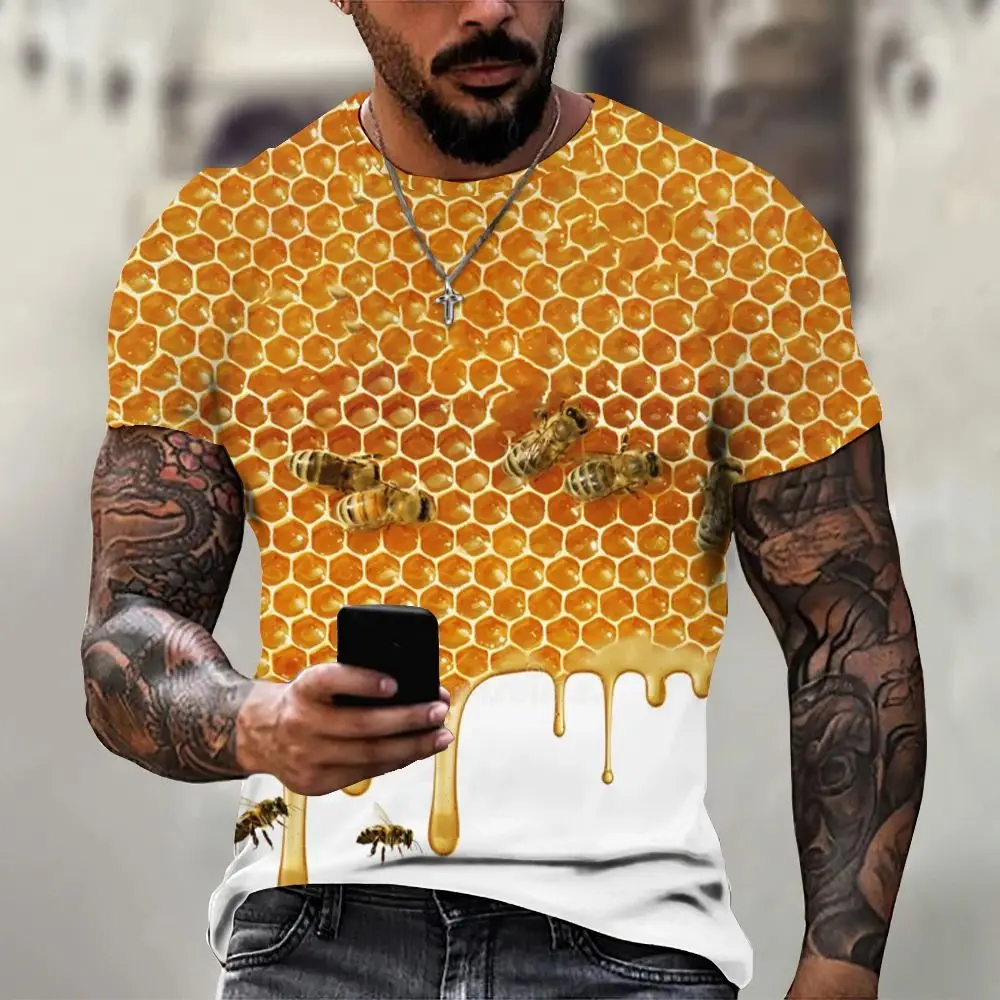 Summer Men O Neck Short Sleeve Fun Bee Print T-Shirt Is A Stylish 3d Printed Street Personality Trend Large Size Loose Top