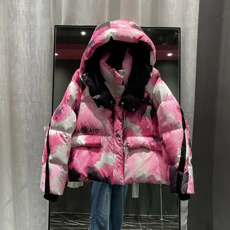 الشتاء قصيرة مطبوعة التعادل صبغ مقنعين أسفل سترة المرأة الأبيض بطة أسفل سترة أسفل عادية الإناث سستة سميكة الدافئة باركر أبلى #5