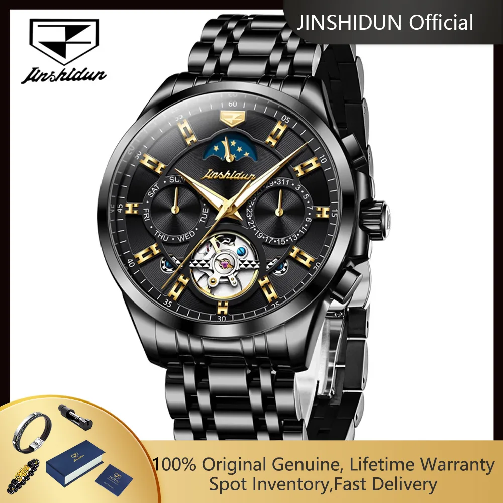 JSDUN 8945 Mens Watches Skeleton Flywheel Automatic Mechanical Wristwatch Calendar Moon Phase Original Luxury Business Man Watch