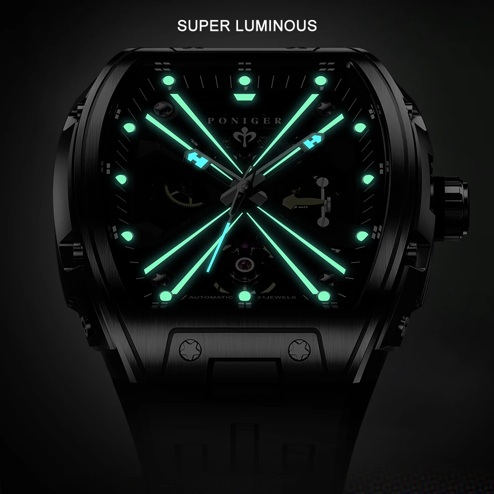PONIGER Men Automatic Watch 46mm*51mm Tonneau Mechanical Wristwatch Sapphire Luminous 5ATM Waterproof Skeleton Dial Rubber Strap