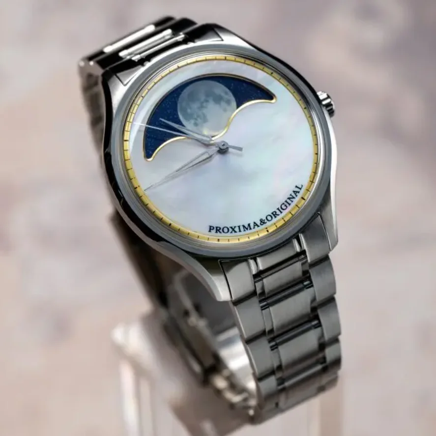Proxima Men Automatic Watch 41.5mm Moon Phase Mechanical Wristwatch 50m Waterproof Luminous MOP Dial Sapphire Mirror SW200+PR174