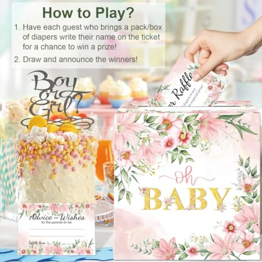 Baby Shower Games Floral Diaper Raffle Box for Baby Shower 50 PCS Diaper Raffle Tickets Card Box with Advice and Wishes for the