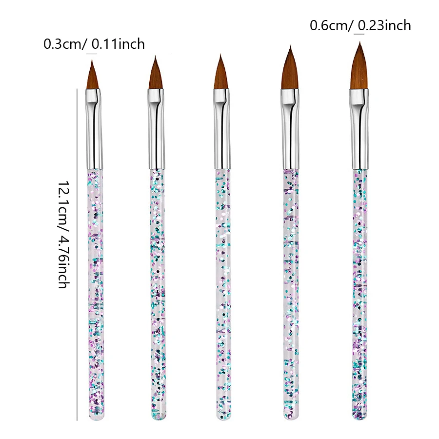 Set di strumenti per pennelli per nail art, manico in cristallo, gel UV acrilico, pittura con disegno glitterato, penne per fiori da intaglio, 5 pezzi