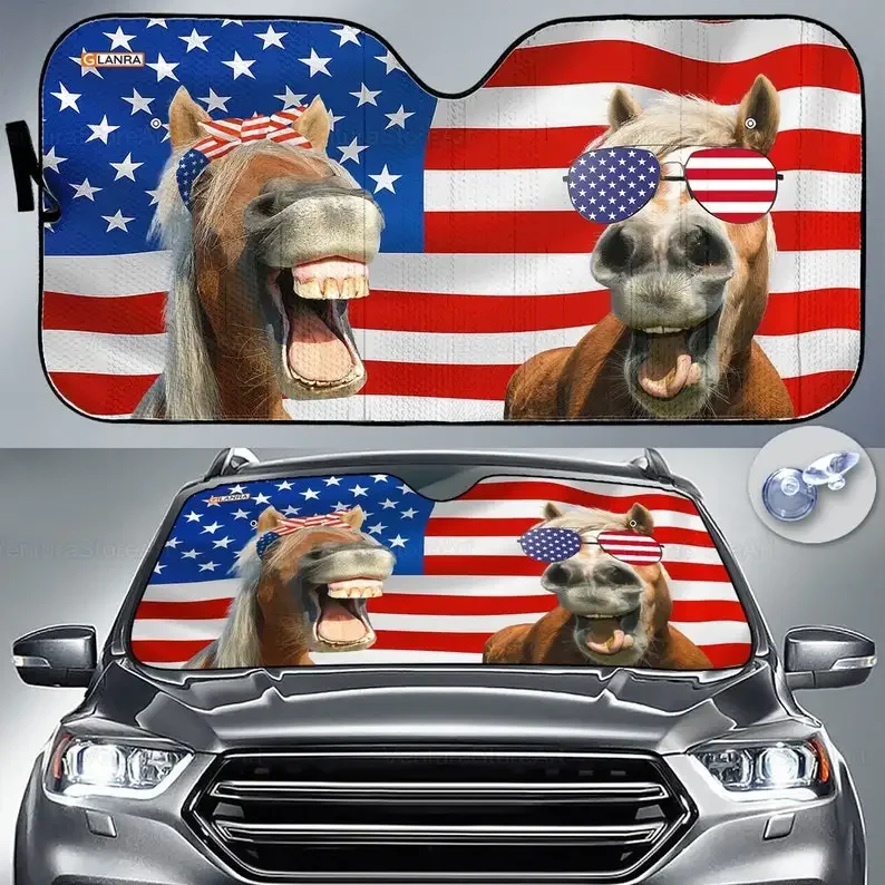 Horse American Flag Car Sunshade, Horse Sunshade, Horse Lover, Car Sun Protector, Gift For Him, Couple Gift