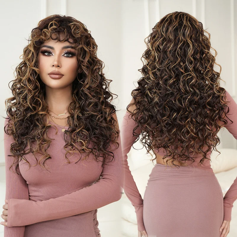 New style hot girl Asian honey blonde curly black spring curl long hair with bangs synthetic fiber machine-made wig view 2