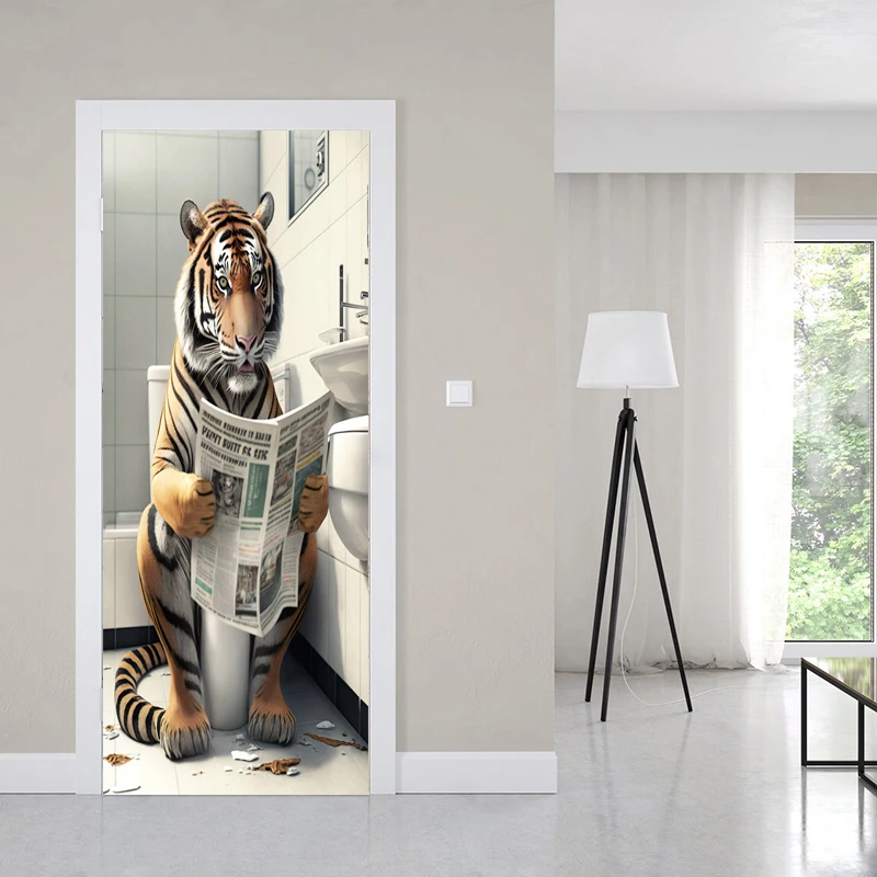 Creative 3D Realistic Animal Wallpaper, Porta do banheiro adesivo, Família Poster Decoração Quarto