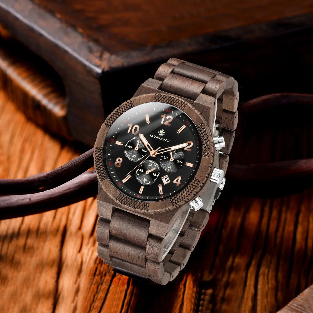Fashionable, sporty, multifunctional men's quartz timing watch, wooden watch